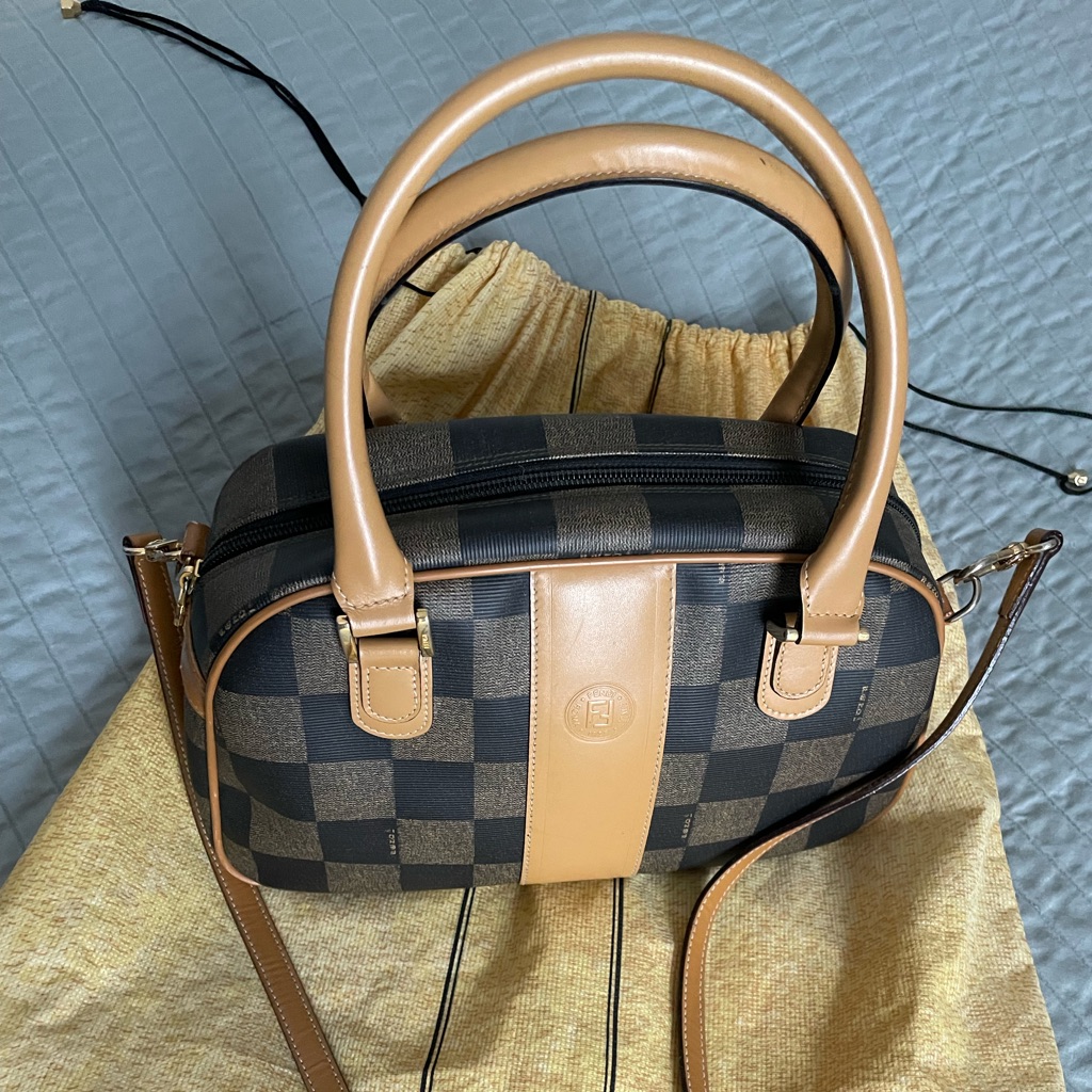 Vintage Fendi Satchel Checkered Coated Canvas & Tan Leather